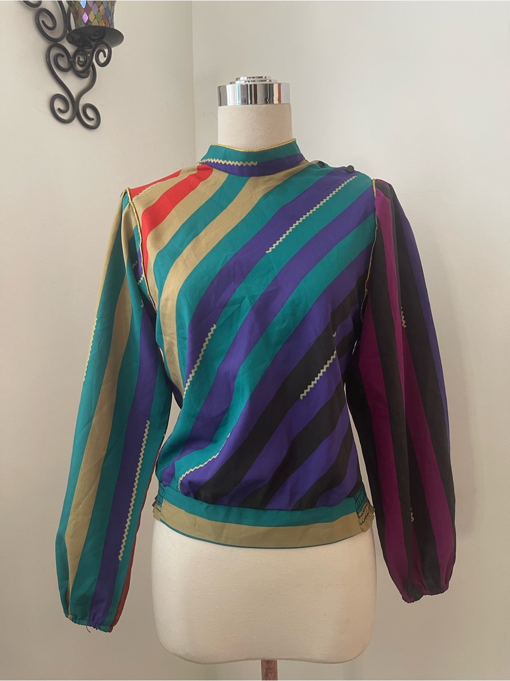 Vintage Striped Multicolor Long-Sleeve Blouse - Green/Teal/Purple